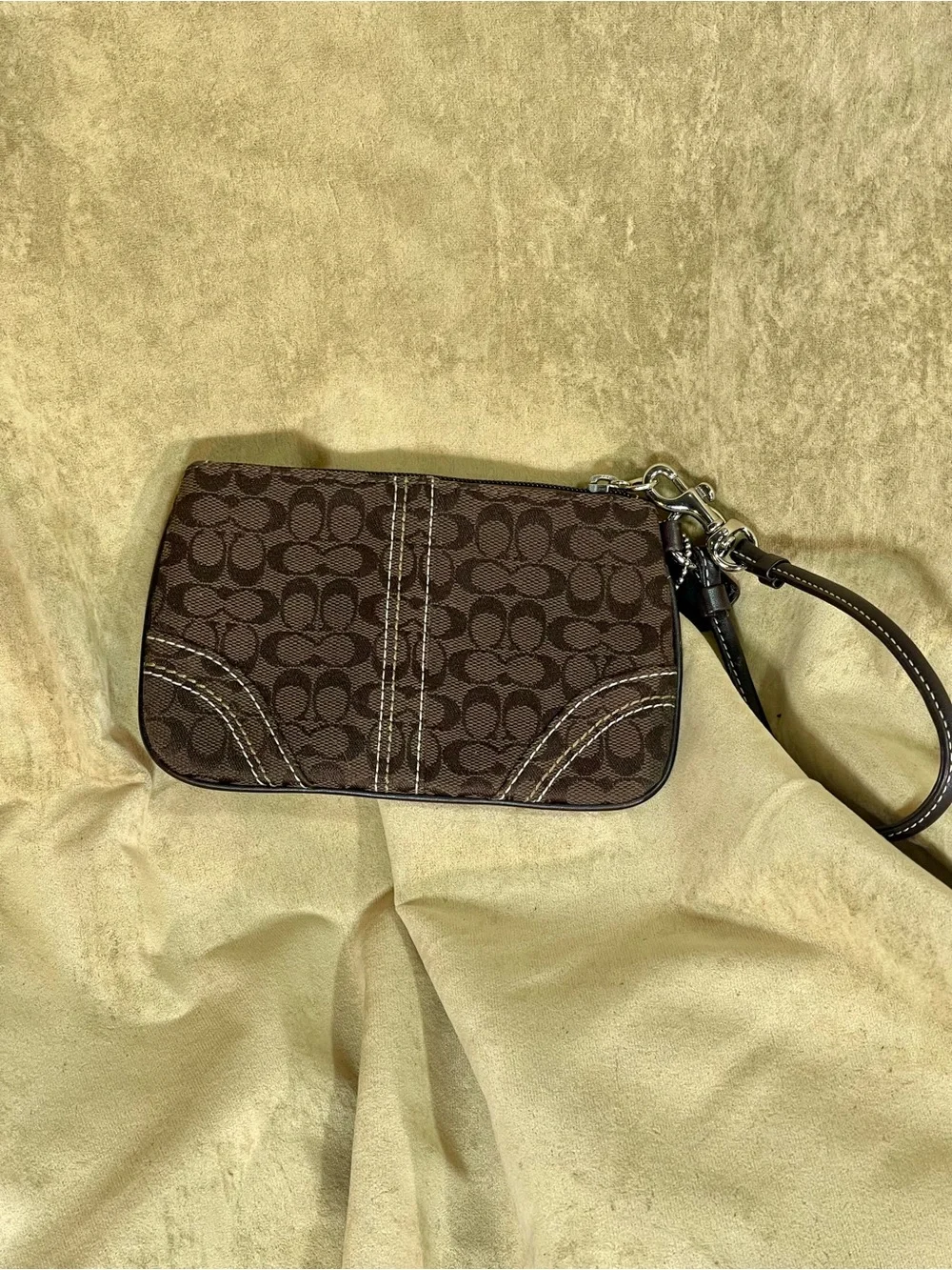 Coach Brown Signature Canvas Wristlet with Contrast Stitching